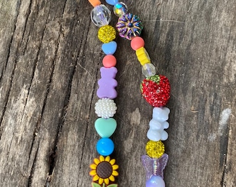 Colorful Beaded Bag Charm: Rainbow Keychain with Hearts & Gummy Bears