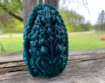 Dark Teal Beeswax Candle: Carved Egg, Faberge Style, Handmade