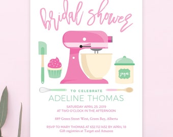 Invitación a la despedida de soltera para hornear para almacenar la despedida de soltera de la cocina en rosa y menta