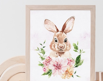 Bunny Art Print Digital File - Printable Bunny Nursery Decor or Easter Bunny Art - Instant Download File - Floral Rabbit Wall Art Print