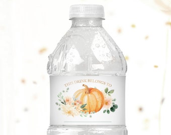 Pumpkin Water Bottle Labels for Baby Shower, Bridal Shower or Birthday Party with Pumpkin Theme