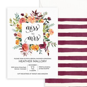 Burgundy Floral Bridal Shower Invitation Printable - Digital Fall Bridal Shower Invitation Template - Miss to Mrs Wedding Shower Invitation