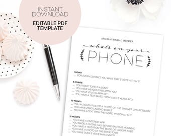 What's On Your Phone Bridal Shower Game Instant Download Printable File - Wedding Shower Phone Game Digital Download Editable Template