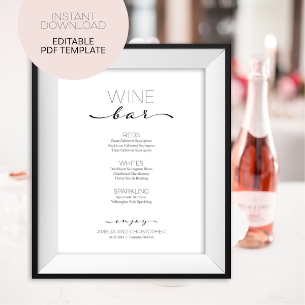 Printable Wine Bar Sign Instant Download Template - Black and White Wedding Signs - Editable Wine Bar Template - Modern Wedding Sign