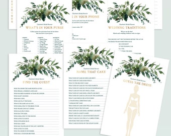 Emerald Green Bridal Shower Games Bundle with Watercolor Greenery - Editable Games Template