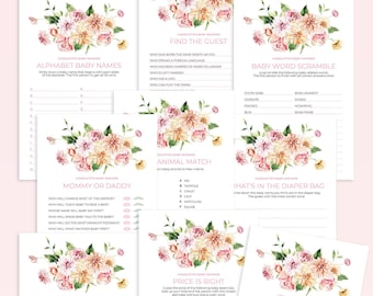 Pink Floral Baby Shower Games Bundle - Printable Instant Download File - 12 Baby in Bloom Shower Games you can Personalize