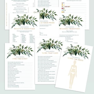 Emerald Green Bridal Shower Games Bundle with Watercolor Greenery - Editable Games Template