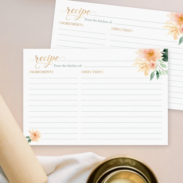 Love is in Bloom Bridal Shower Recipe Cards - Printable Instant Download File - Peach Floral Recipe Cards for Spring Bridal Shower