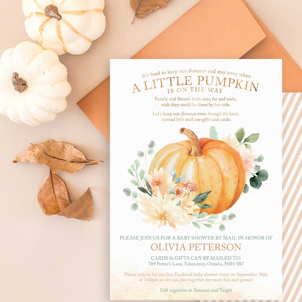 Little Pumpkin Baby Shower by Mail Invitation - Printable Instant Download File - Edit to include your party info for Fall Baby Shower