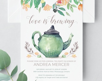 Tea Party Bridal Shower Invitation with Green Teapot and Peach Floral Design - Printable Bridal Shower Invite Digital Download