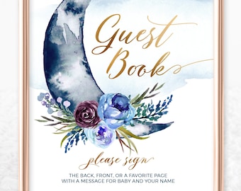 Over the Moon Baby Shower Guest Book Sign - Printable Instant Download File in Burgundy + Gold and Navy + Gold - Boho Baby Shower