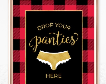 Karty do gry „Flannel Fling Panty” i znak „Drop Your Panties” – pliki do natychmiastowego pobrania na wieczór panieński lub panieński