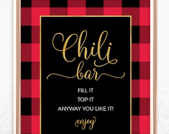 Flannel Chili Bar Sign Printable Instant Download File - Red and Black Buffalo Plaid Chili Bar Sign and Topping Tags - Fall Party