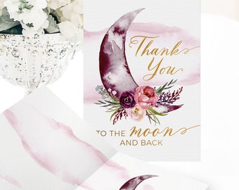 Over the Moon Baby Shower Thank You Card - Printable Instant Download File - Burgundy and Navy Moon Thank You Card Template