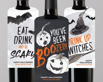 Afdrukbaar bestand Halloween-wijnflestags - You've Been Boozed - Drink Up Witches - Eat Drink and Be Scary Wine Halloween Hostess Gift