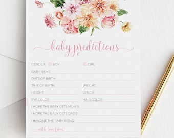 Pink Baby Shower Predictions Cards for Baby in Bloom Shower | Printable Baby Shower Activity Cards