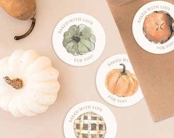 Baked with Love Labels for Thanksgiving or Fall Treats - Pumpkin Stickers - Pie Stickers for Homemade Baked Goods