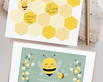 Cartel y cartel del libro de visitas de Baby Shower de abejas para que los invitados firmen - Archivo de descarga instantánea imprimible