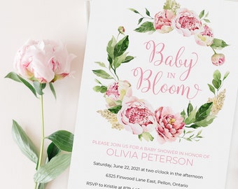 Pink Baby in Bloom Shower Invitation with Peony Design - Printable Instant Download Baby Shower Invitation