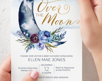 Boho Boy  Over the Moon Baby Shower Invite in Navy and Gold - Printable Instant Download File
