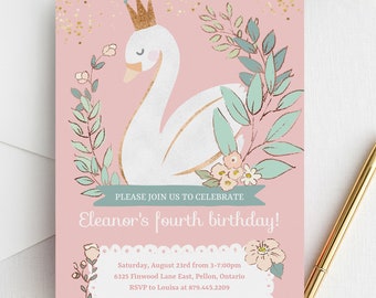 Swan Birthday Party Invitation Printable File in pink, gold and teal with floral design for Girl Birthday Party - Swan Princess Invitation