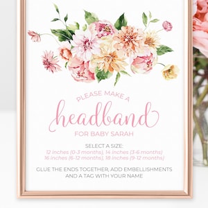Pink Floral Headband Station Sign for Girl Baby Shower - Printable Sign for Baby Shower Headband Making Activity