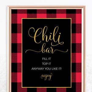 Flannel Chili Bar Sign Printable Instant Download File Red and Black Buffalo Plaid Chili Bar Sign and Topping Tags Fall Party image 1