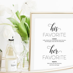 His and Her Favorite Drinks Wedding Sign in Black and White - Printable Instant Download Wedding Menu Digital File
