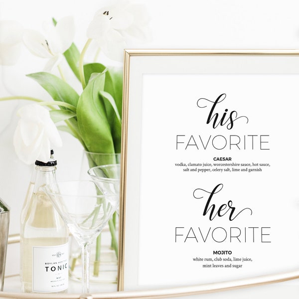 His and Her Favorite Drinks Wedding Sign in Black and White - Printable Instant Download Wedding Menu Digital File