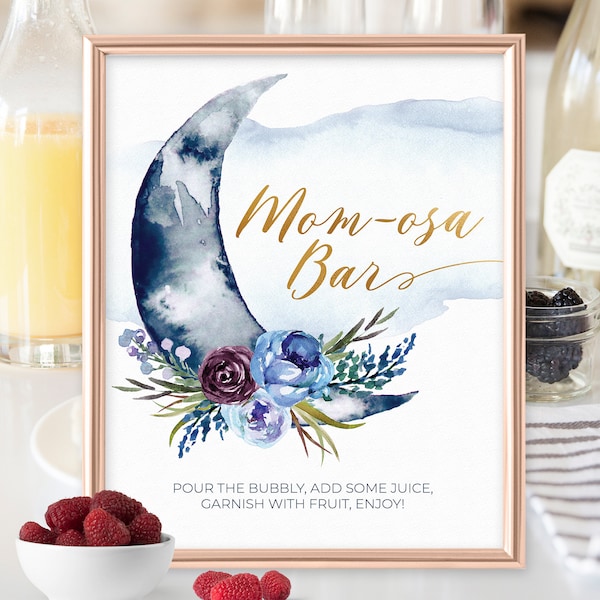 Over the Moon Baby Shower Mom-osa Bar Sign - Afdrukbaar Mimosa Bar teken Instant Downloadbestand voor Boho Baby Shower - Mimosa bar labels