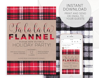 May include: A digital invitation for a holiday party with a red and black plaid pattern. The invitation reads "Fa la la la FLANNEL Please join us for a HOLIDAY PARTY!" with the date, time, and RSVP information.
