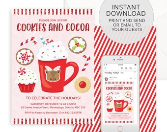 Cookies and Cocoa Holiday Party Invitation Printable with Cookies, Hot Chocolate, Candy Canes and Red Glitter - Editable Digital Invitation