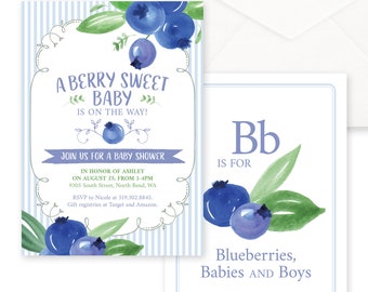 Blueberry Boy Baby Shower Invitation Printable File - Berry Sweet Baby Shower Invitation Editable Template