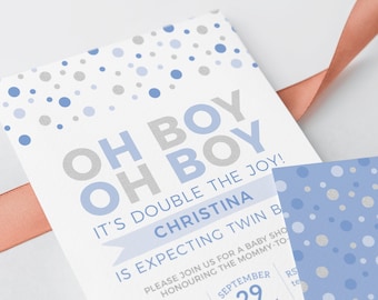 Twin Baby Shower Invitation for Boy Twins  - Oh Boy Oh Boy It's Double the Joy Printable Invitation in Blue and Silver