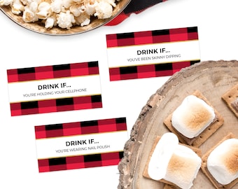Karty do gry Flanel Drink If Party na wieczór panieński - Plik do natychmiastowego pobrania do druku - Gry imprezowe w kratę Buffalo w kolorze czerwonym i czarnym