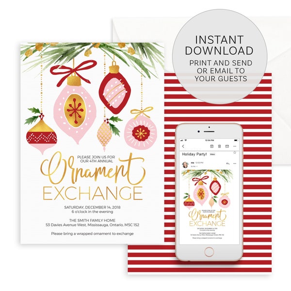 Ornament Exchange Christmas Party Invitation Printable Template - Holiday Ornament Swap Party Instant Download Editable File