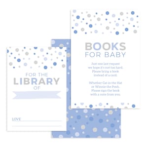 Livres pour bébé Cartes de demande de livre et étiquettes de livre en bleu et argent pour une douche de bébé garçon - Première bibliothèque de bébé - Cartes à insérer imprimables