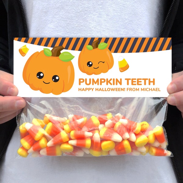 Halloween Treat Bag Topper Printable File - Pumpkin Teeth Treat Bag Topper Party Favour - Instant Download Editable Template to Personalize