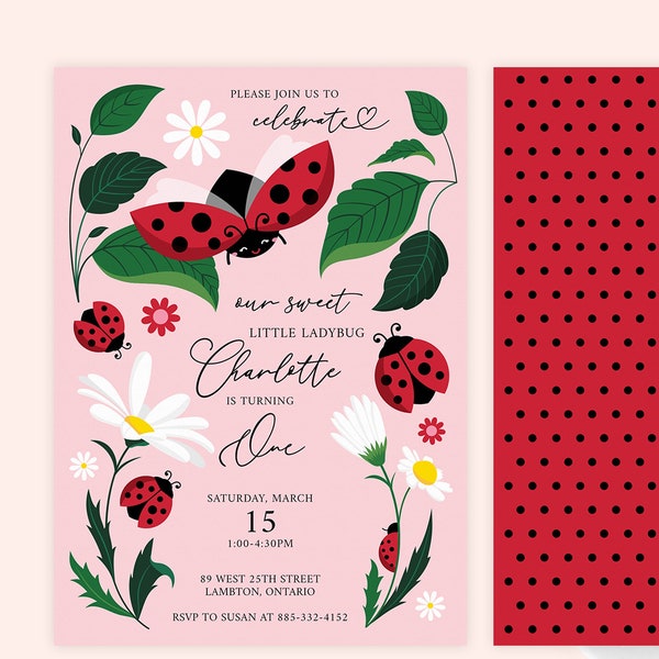 Modèle d'invitation de fête d'anniversaire de coccinelle | Invitation d'anniversaire fille imprimable