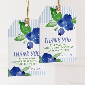 Blueberry Birthday Party Favour Tags Printable Thank You Tags for Boy Baby Shower First Birthday Party Favours Instant Download image 1