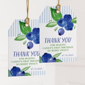 Blueberry Birthday Party Favour Tags - Printable Thank You Tags for Boy Baby Shower - First Birthday Party Favours - Instant Download