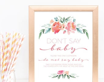 Printable Don't Say Baby Game Instant Download Printable File with pink floral design for Girl Baby Shower - Clothespin Game