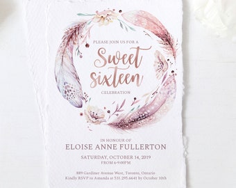 May include: A pink and white invitation with a watercolor feather wreath and the text "Sweet Sixteen Celebration" in gold lettering. The invitation is for Eloise Anne Fullerton's Sweet Sixteen party on Saturday, October 14, 2019, from 6-9:00 PM. The address is 889 Gardiner Avenue West, Toronto, Ontario. RSVP to Amanda at 531.295.6641 by October 10th.