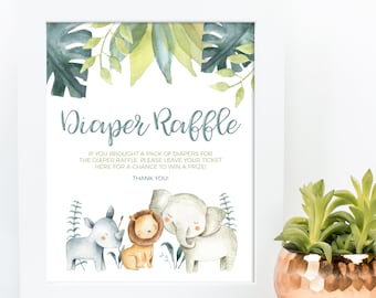 Safari Baby Shower Diaper Raffle Tickets and Sign featuring a baby elephant, rhino and lion - Printable Instant Download Baby Shower Decor