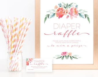 Pink Floral Diaper Raffle Baby Shower Sign and Raffle Tickets - Printable Instant Download File