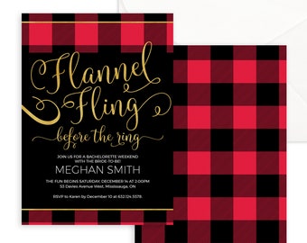 Flannel Fling Before the Ring Bachelorette Party Invitation - Buffalo Plaid and Gold Printable Invitation for Hen Party or Stagette