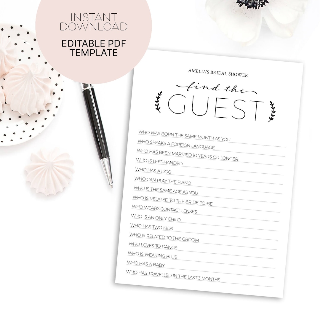 Printable Find the Guest Bridal Shower Game Instant Download Black and ...