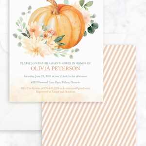 Pumpkin Baby Shower Invitation Printable File for Fall Baby Shower - Instant Download - Autumn Floral and Pumpkin Design image 2