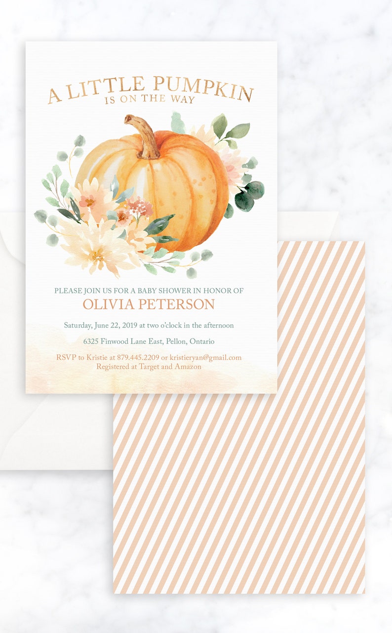 Pumpkin Baby Shower Invitation Printable File for Fall Baby Shower - Instant Download - Autumn Floral and Pumpkin Design image 2