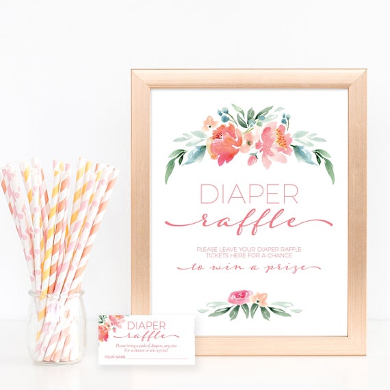 Pink Floral Diaper Raffle Baby Shower Sign and Raffle Tickets - Printable Instant Download File Il_570xn